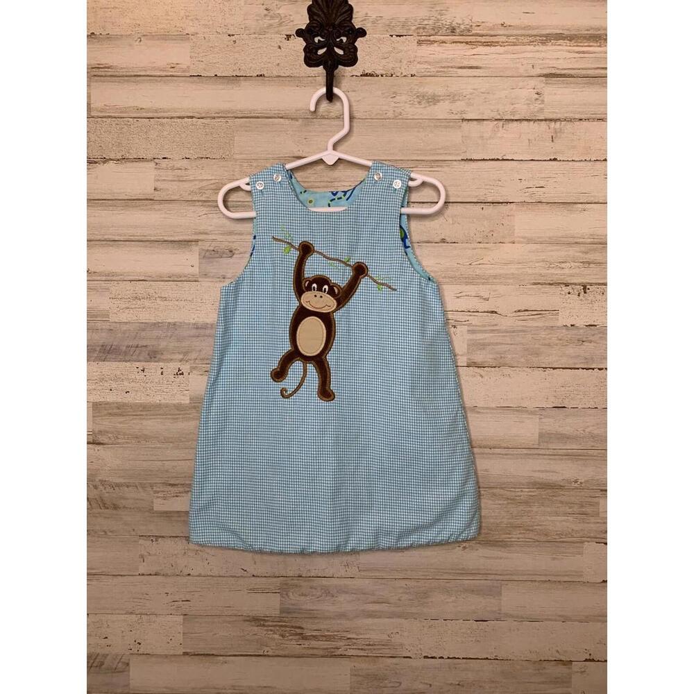 BLUE AND WHITE GINGHAM REVERSIBLE MONKEY DRESS SIZE 18 MONTHS
